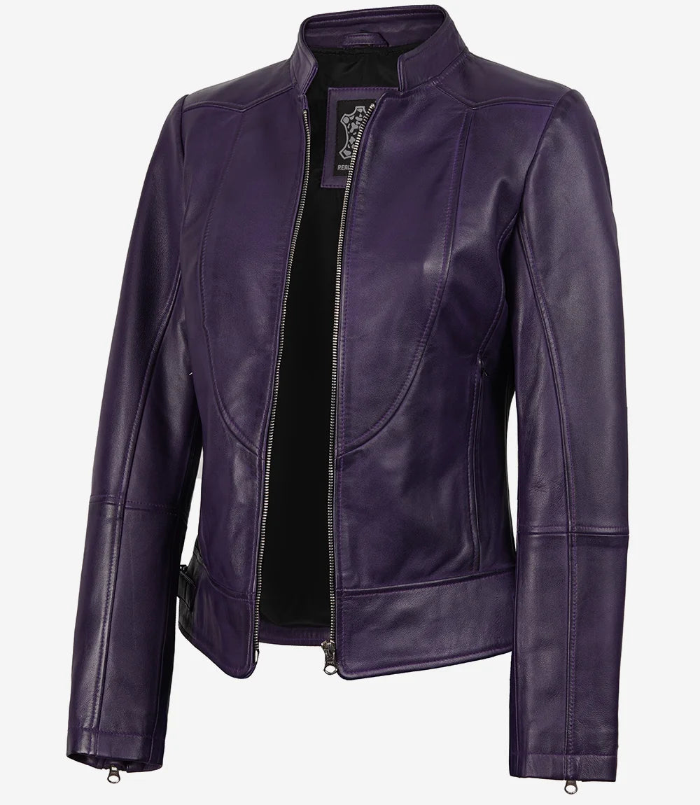 Women’s Purple Lambskin Leather Biker Jacket – Modern Fit Moto Style