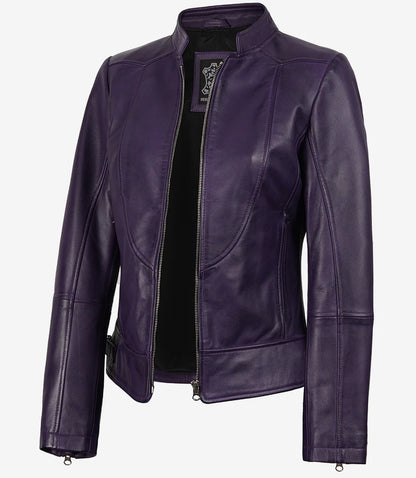 Women’s Purple Lambskin Leather Biker Jacket – Modern Fit Moto Style