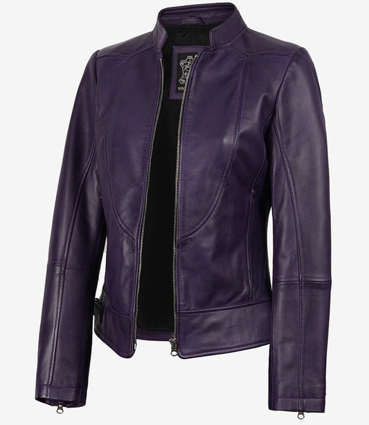 Women’s Purple Lambskin Leather Biker Jacket – Modern Fit Moto Style