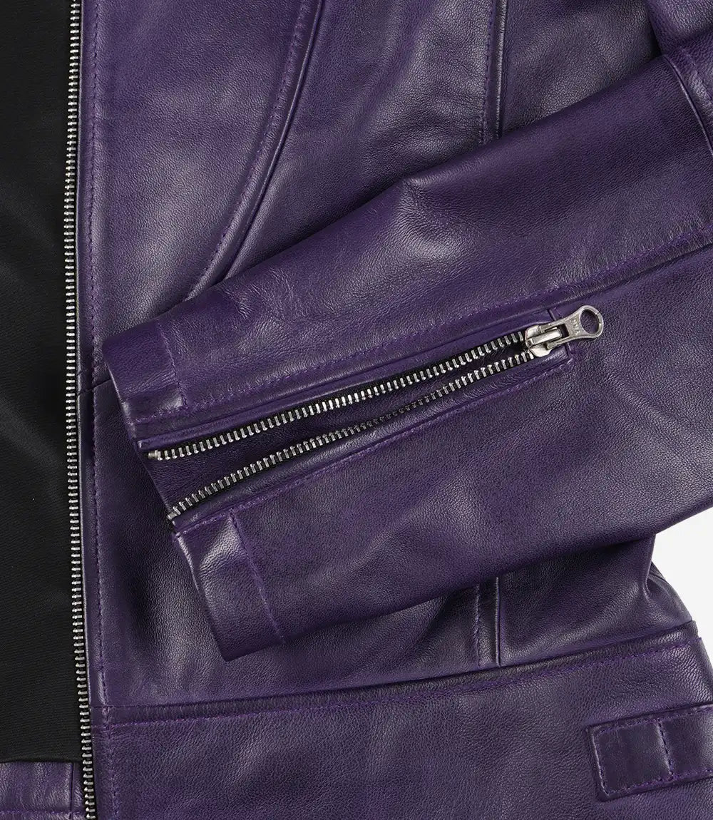 Women’s Purple Lambskin Leather Biker Jacket – Modern Fit Moto Style