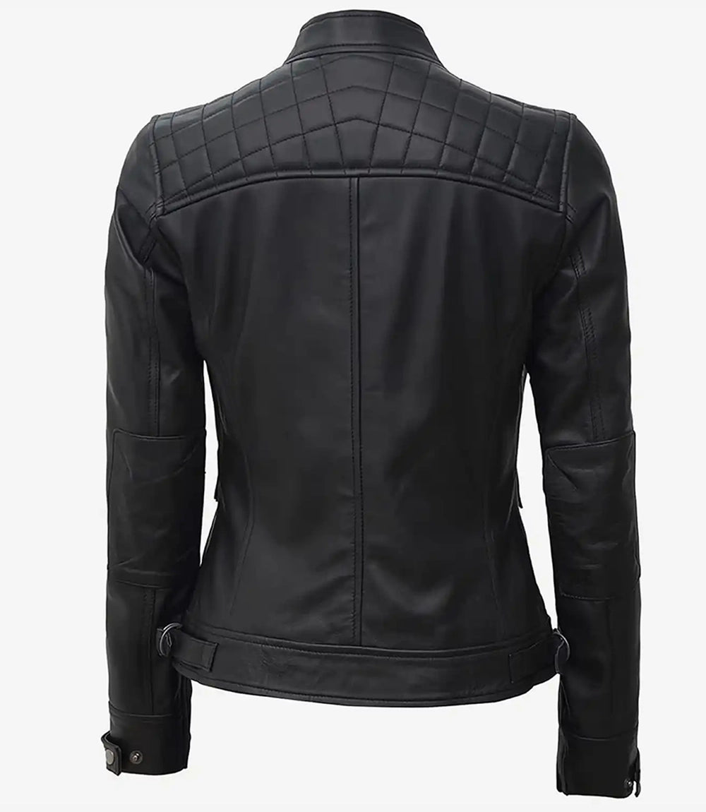 Women's Tall Black Quilted Lambskin Biker Leather Jacket