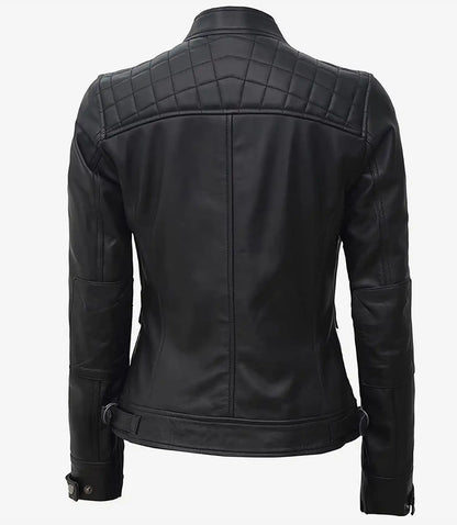 Women's Tall Black Quilted Lambskin Biker Leather Jacket