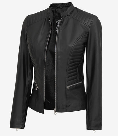 Women's Tall Black Biker Style Leather Jacket
