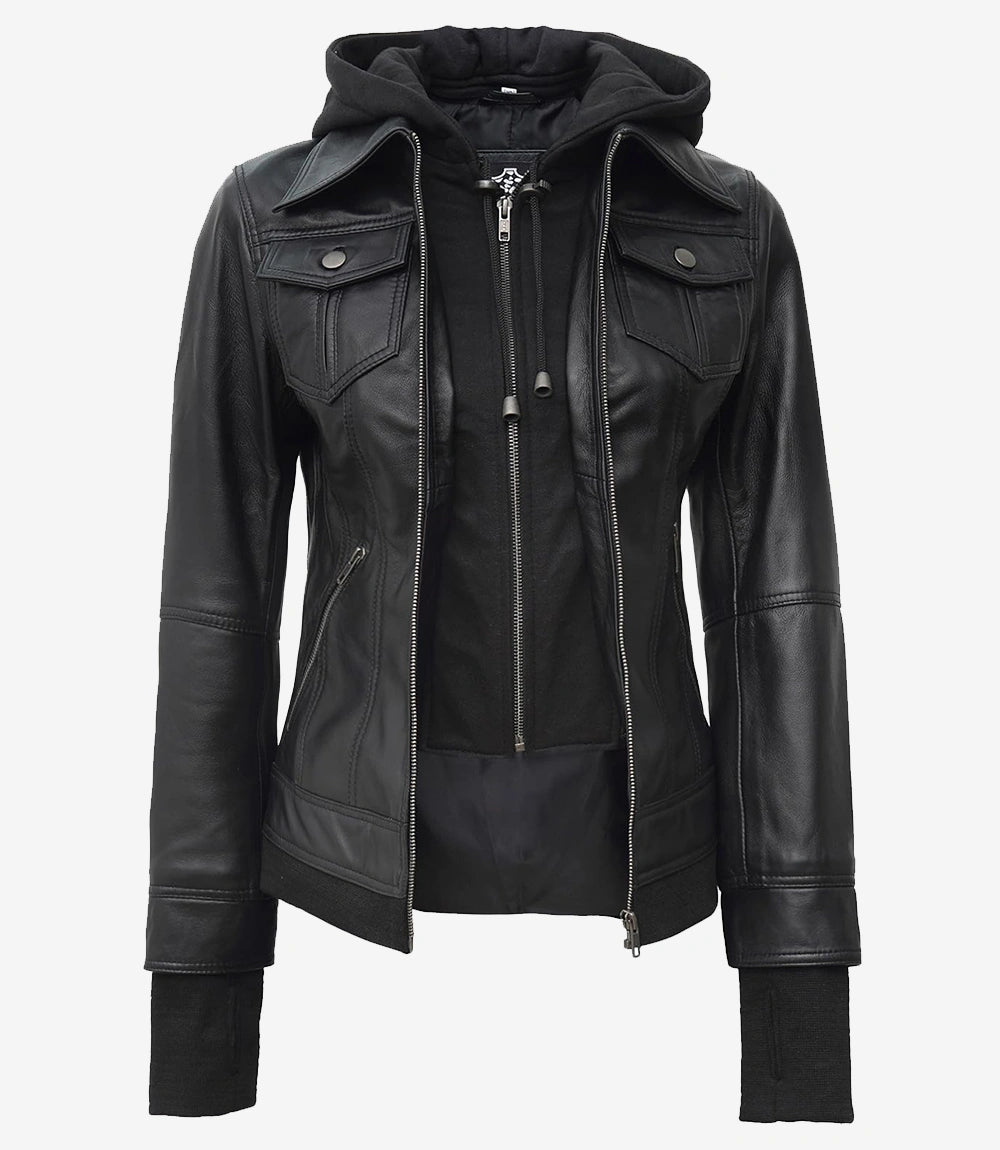 The Céleste – Women’s Tall Black Lambskin Bomber Leather Jacket with Removable Hood