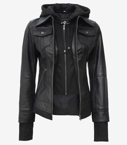 The Céleste – Women’s Tall Black Lambskin Bomber Leather Jacket with Removable Hood
