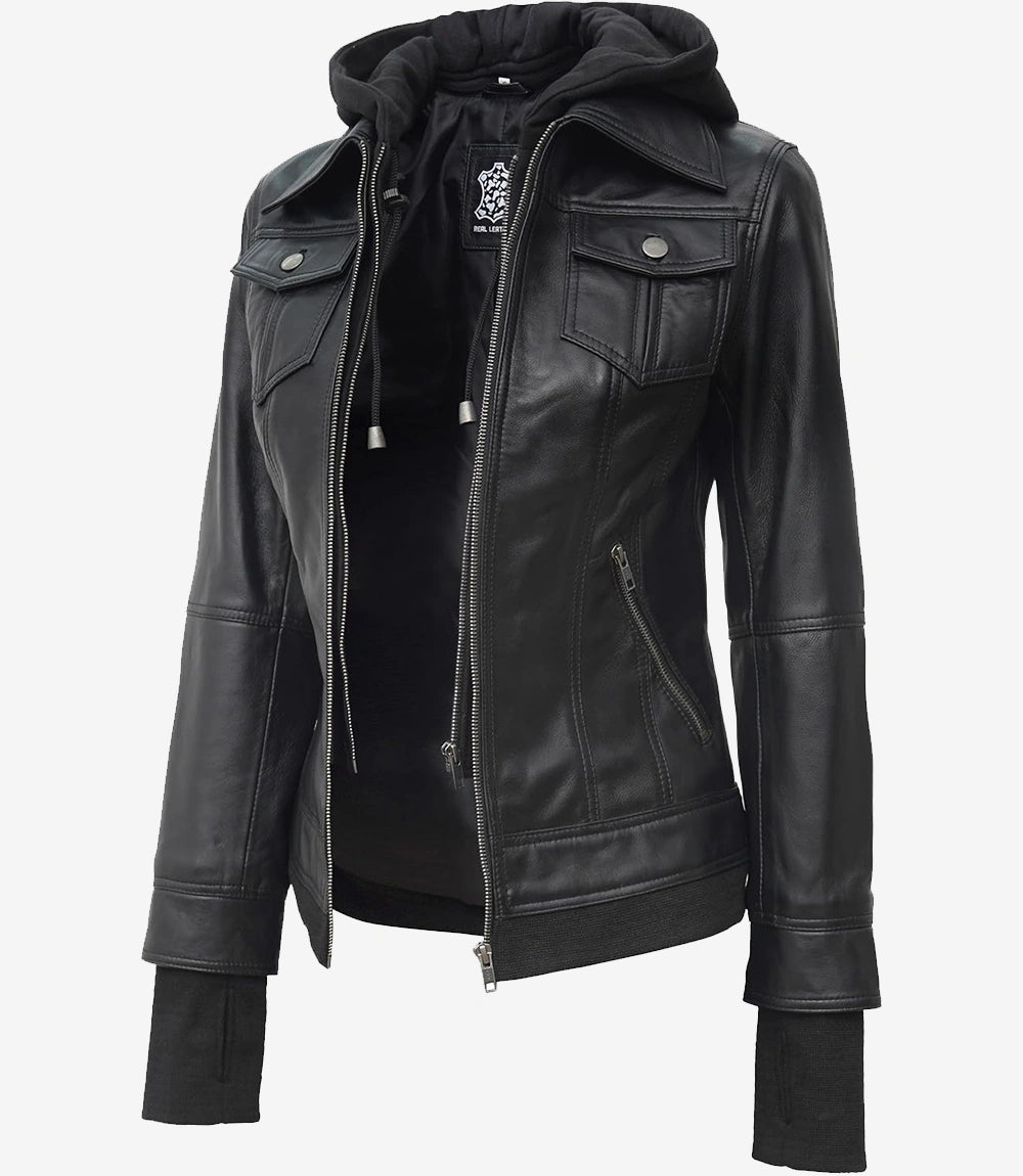 The Céleste – Women’s Tall Black Lambskin Bomber Leather Jacket with Removable Hood