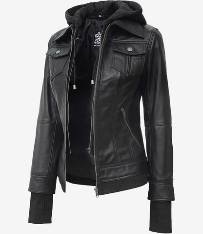 The Céleste – Women’s Tall Black Lambskin Bomber Leather Jacket with Removable Hood