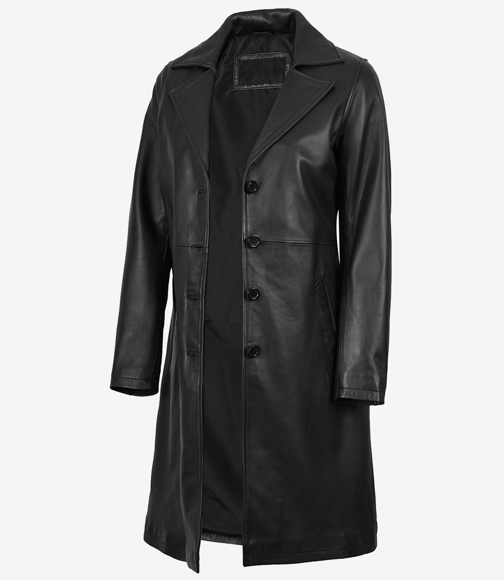Women’s Long Black Leather Car Coat – Notch Lapel