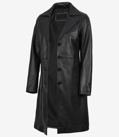 Women’s Long Black Leather Car Coat – Notch Lapel