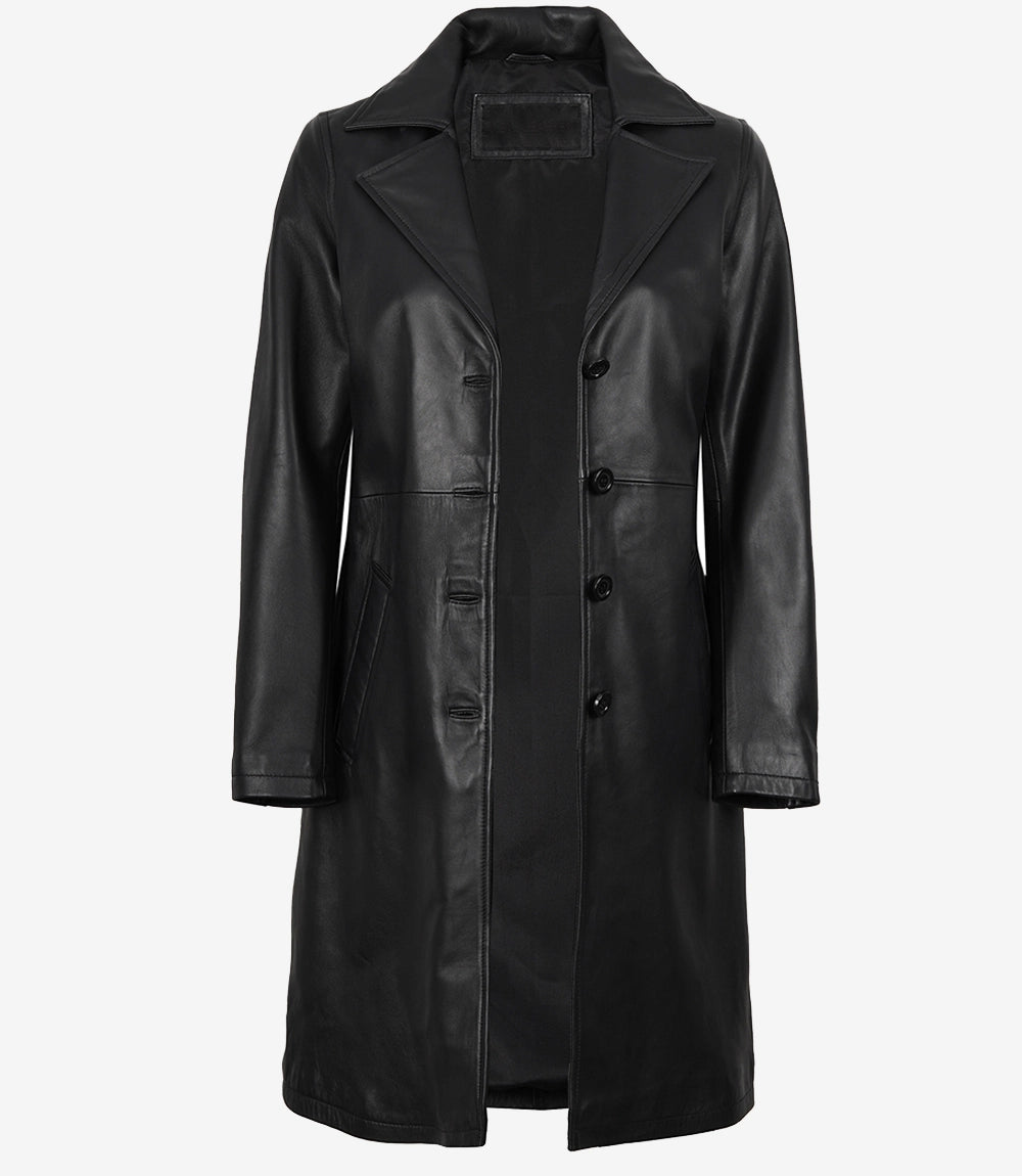 Women’s Long Black Leather Car Coat – Notch Lapel