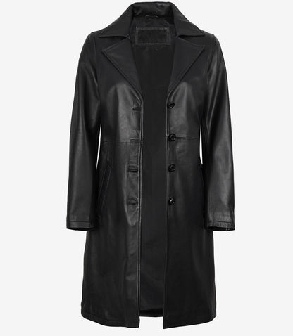 Women’s Long Black Leather Car Coat – Notch Lapel