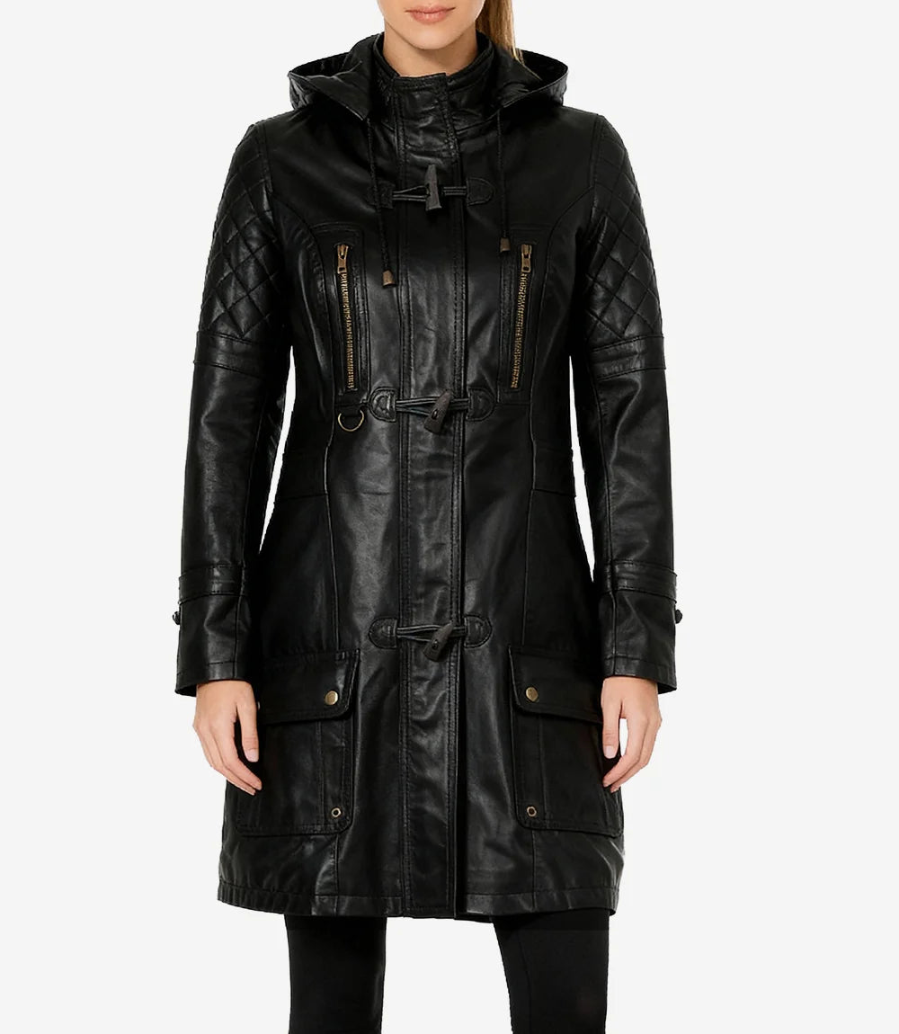 Women’s 3/4 Length Black Lambskin Leather Coat with Hood