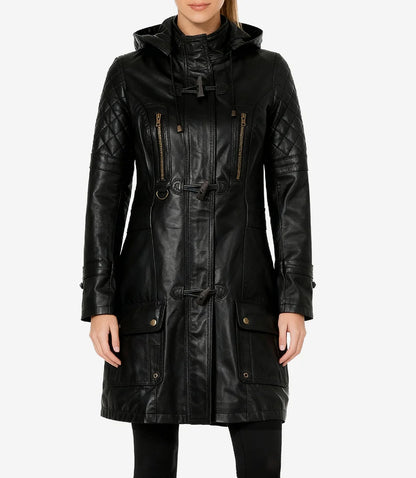 Women’s 3/4 Length Black Lambskin Leather Coat with Hood