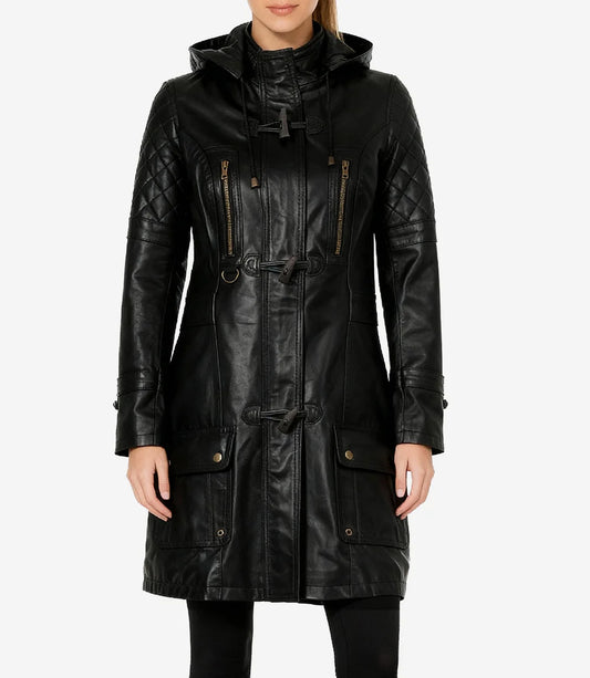 Women’s 3/4 Length Black Lambskin Leather Coat with Hood