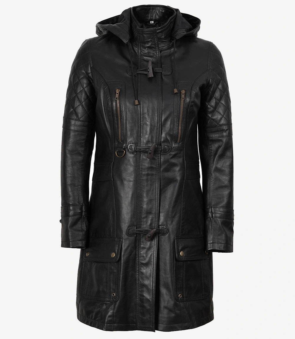 Women’s 3/4 Length Black Lambskin Leather Coat with Hood