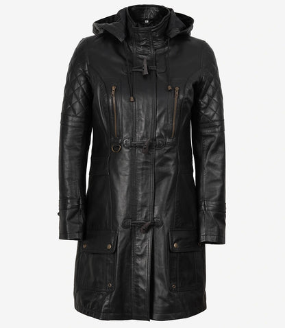 Women’s 3/4 Length Black Lambskin Leather Coat with Hood