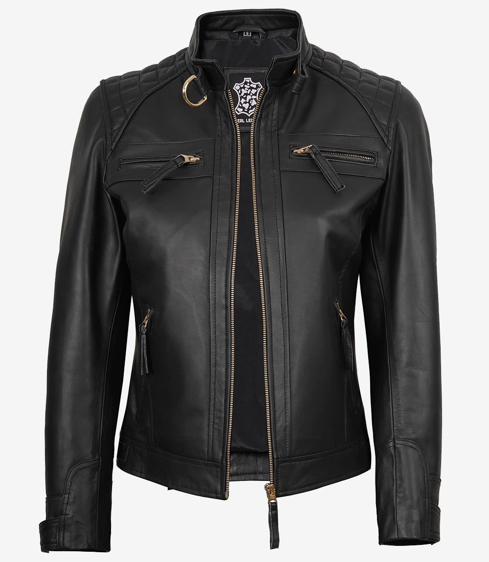 Women’s Black Lambskin Biker Leather Jacket with Gold Hardware