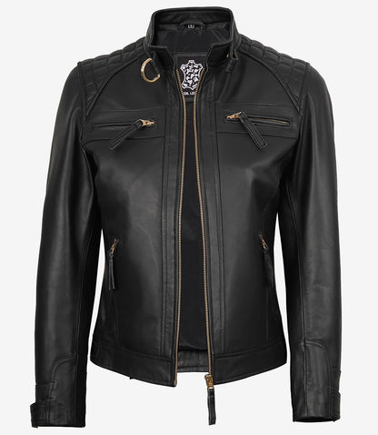 Women’s Black Real Leather Biker Jacket – Golden Details