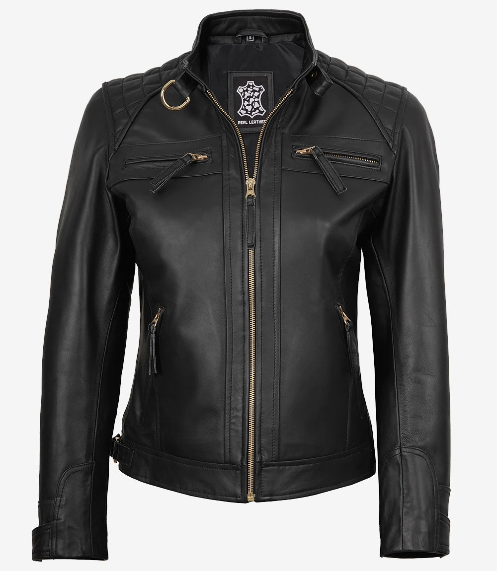Women’s Black Real Leather Biker Jacket – Golden Details
