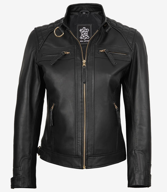 Women’s Black Real Leather Biker Jacket – Golden Details