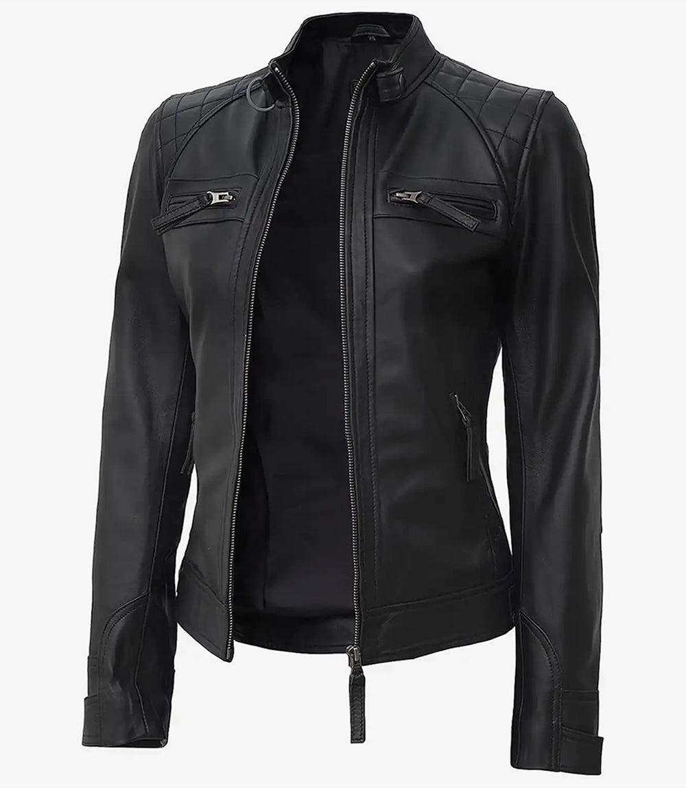Women's Tall Black Quilted Lambskin Biker Leather Jacket