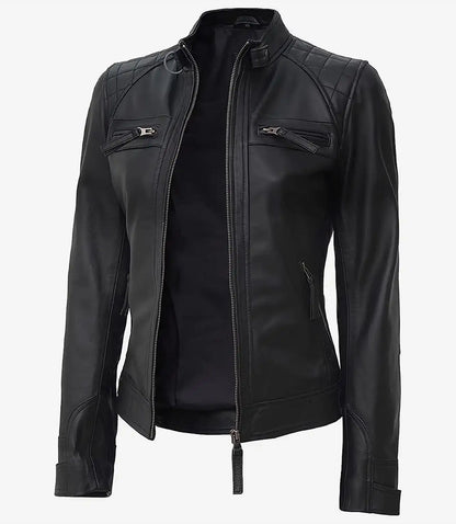 Women's Tall Black Quilted Lambskin Biker Leather Jacket