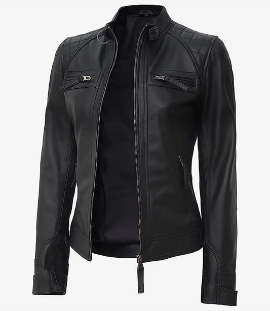 Women's Tall Black Quilted Lambskin Biker Leather Jacket
