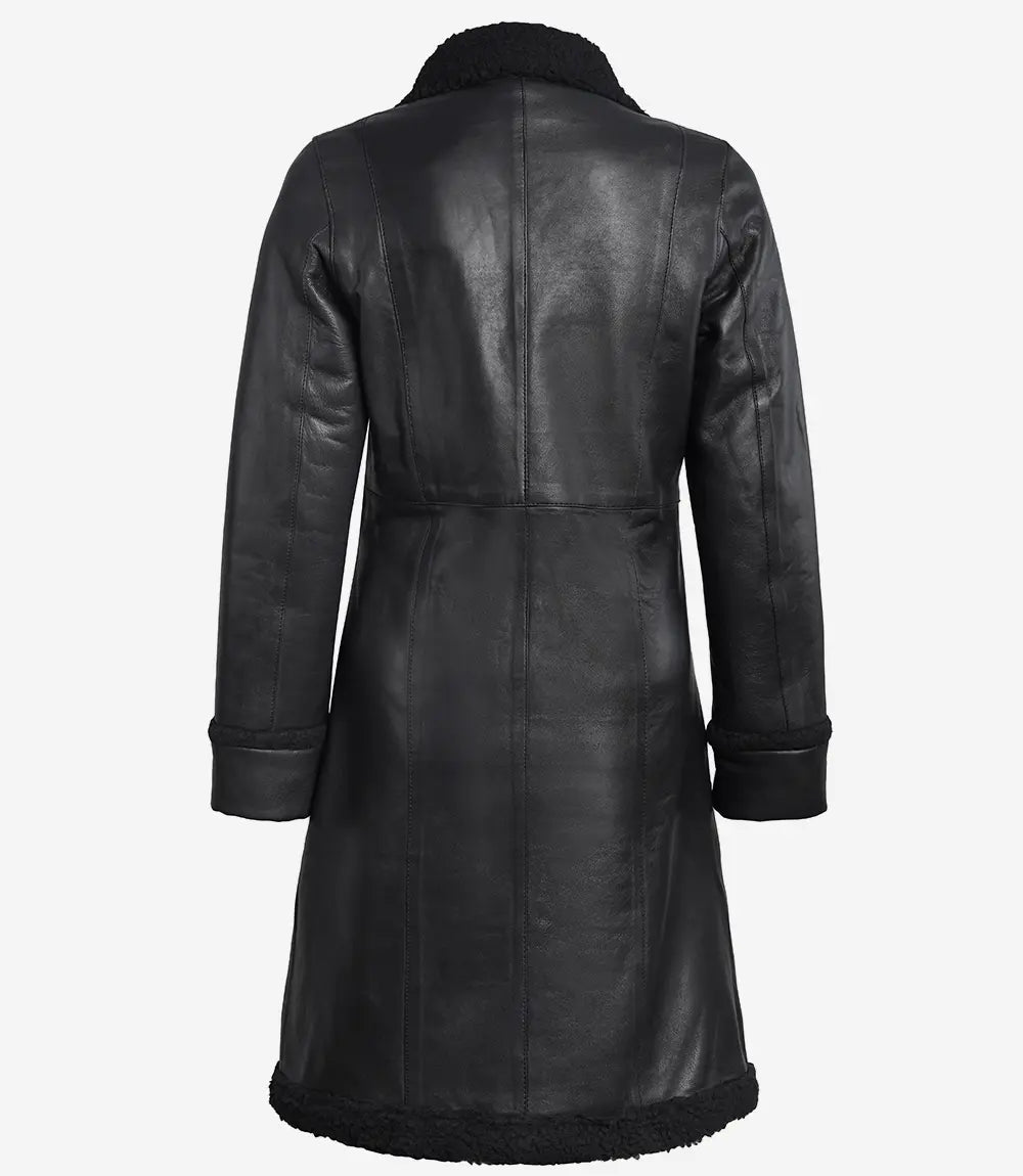 Women’s 3/4 Length Real Leather Black Shearling Coat