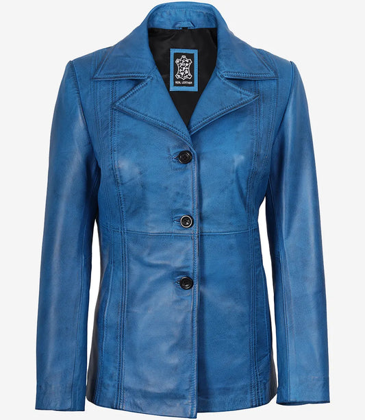 Women’s Blue Waxed Leather Coat – Three Button