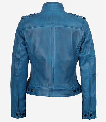 Women’s Blue Waxed Lambskin Leather Biker Jacket – Stylish Slim Fit Moto Coat