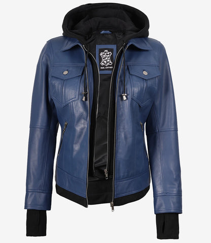 Women’s Blue Lambskin Leather Bomber Jacket with Removable Hood