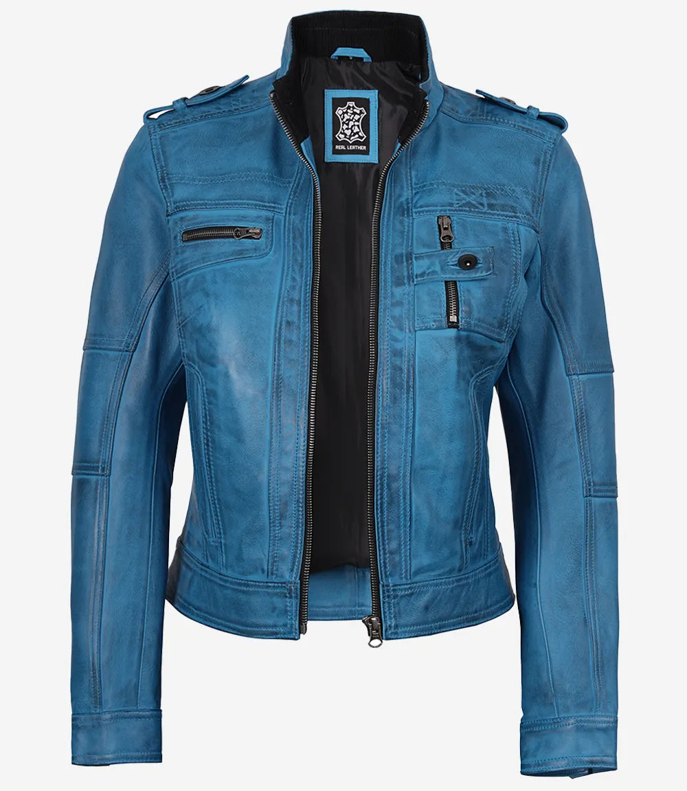 Women’s Blue Waxed Lambskin Leather Biker Jacket – Stylish Slim Fit Moto Coat