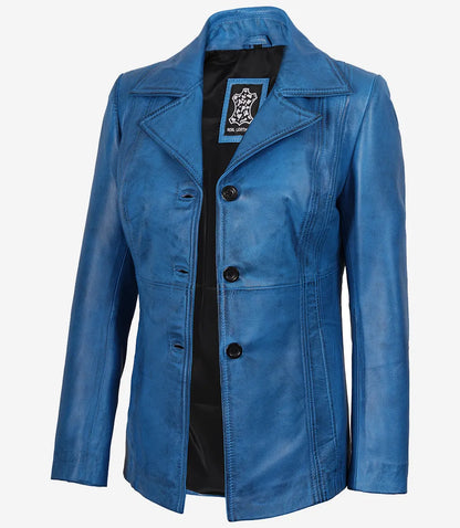 Women’s Blue Waxed Leather Coat – Three Button