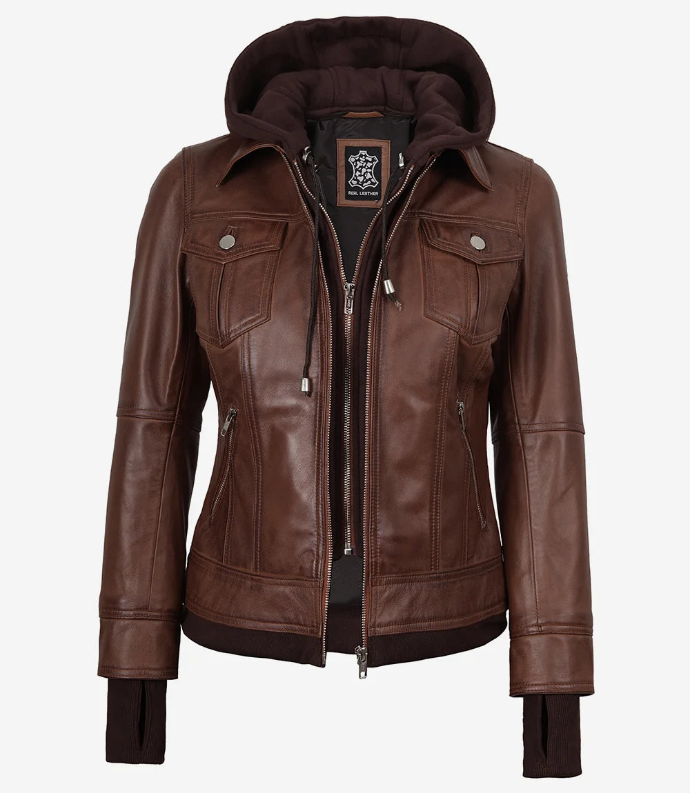 Tralee Women’s Cognac Waxed Lambskin Bomber Leather Jacket with Removable Hood