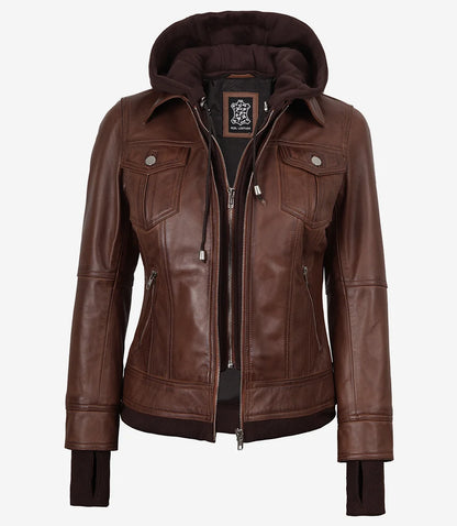 Tralee Women’s Cognac Waxed Lambskin Bomber Leather Jacket with Removable Hood