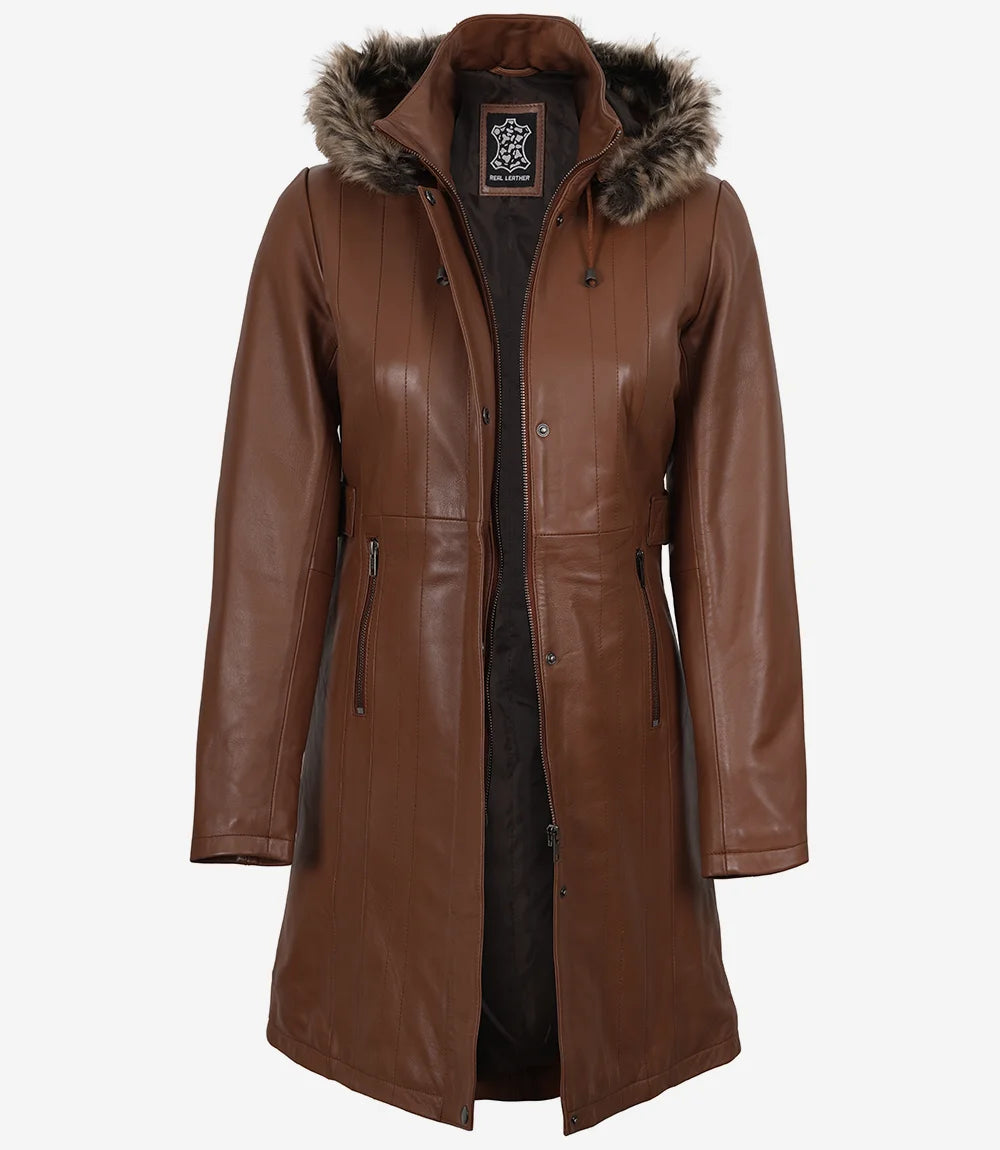 Women’s Real Leather Brown Coat with Fur Trim & Removable Hood