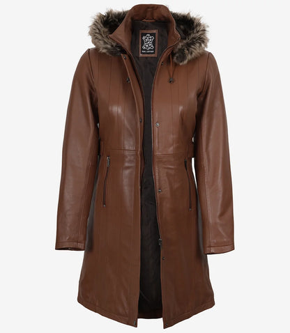 Women’s Real Leather Brown Coat with Fur Trim & Removable Hood