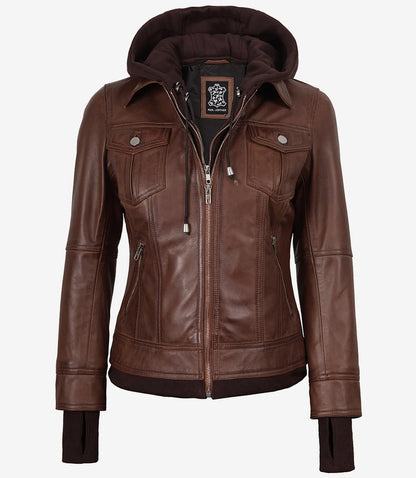 Tralee Women’s Cognac Waxed Lambskin Bomber Leather Jacket with Removable Hood