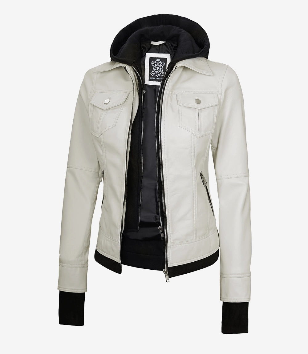 Women’s Off White Lambskin Bomber Leather Jacket with Removable Hood