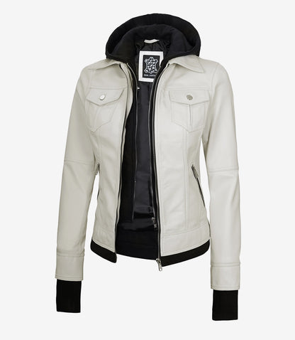 Women’s Off White Lambskin Bomber Leather Jacket with Removable Hood