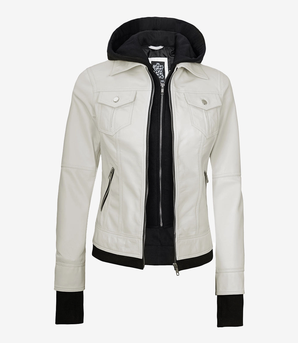Women’s Off White Lambskin Bomber Leather Jacket with Removable Hood