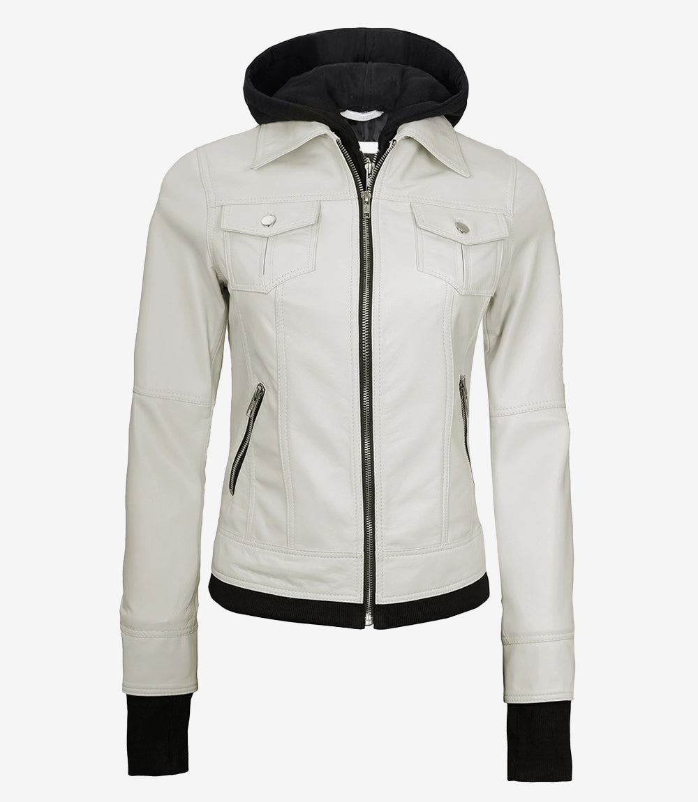 Women’s Off White Lambskin Bomber Leather Jacket with Removable Hood