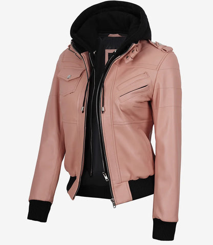 Women’s Pink Lambskin Bomber Leather Jacket with Removable Hood