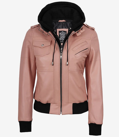 Women’s Pink Lambskin Bomber Leather Jacket with Removable Hood