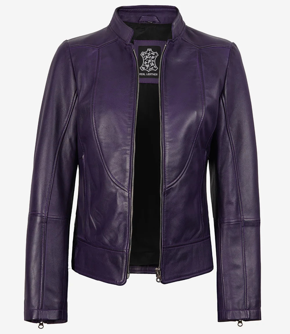 Women’s Purple Lambskin Leather Biker Jacket – Modern Fit Moto Style