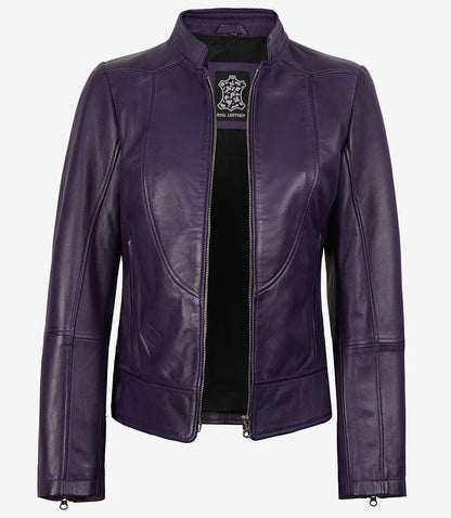 Women’s Purple Lambskin Leather Biker Jacket – Modern Fit Moto Style