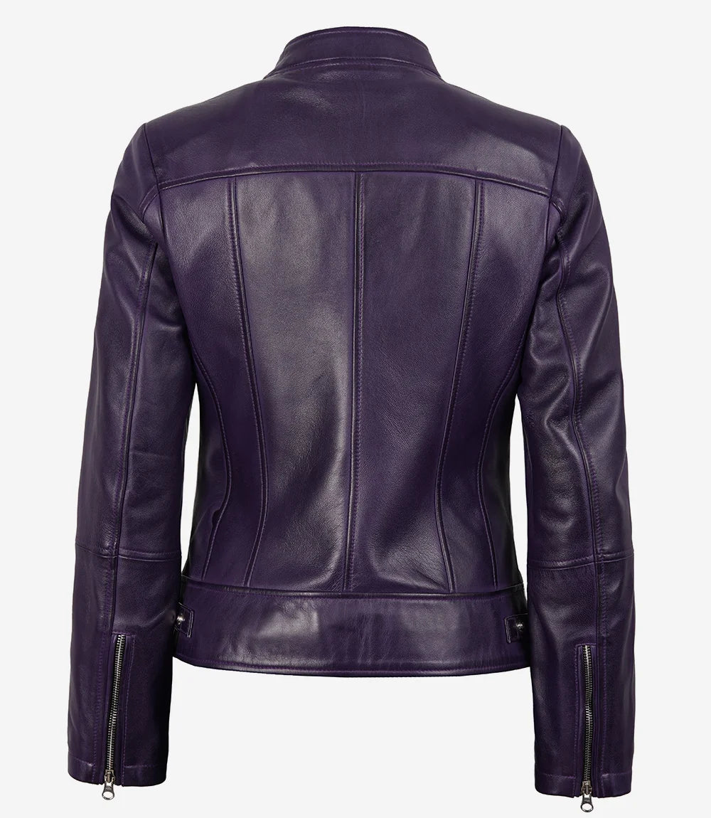 Women’s Purple Lambskin Leather Biker Jacket – Modern Fit Moto Style