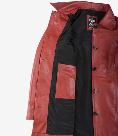 Women’s Real Leather Red Button-Down Car Coat