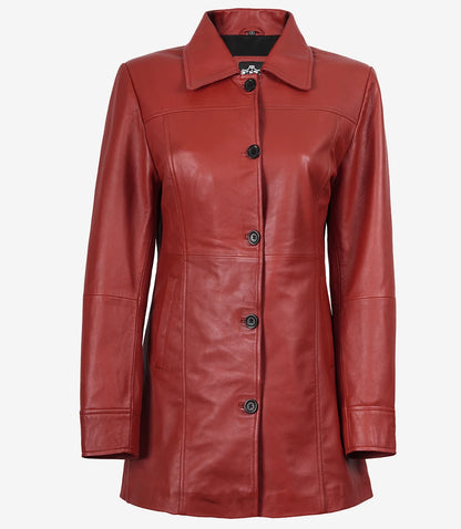 Women’s Real Leather Red Button-Down Car Coat