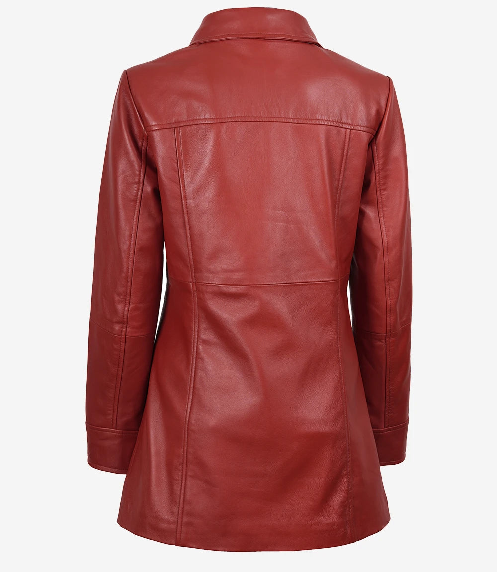 Women’s Real Leather Red Button-Down Car Coat